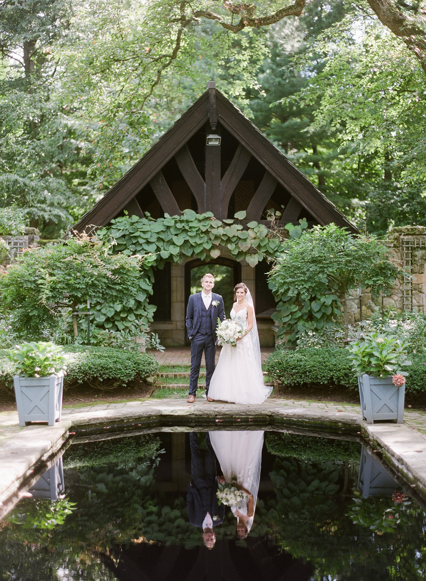 cleveland wedding, stan hywet wedding, film wedding photography, english garden, reflection, bride and groom, portrait