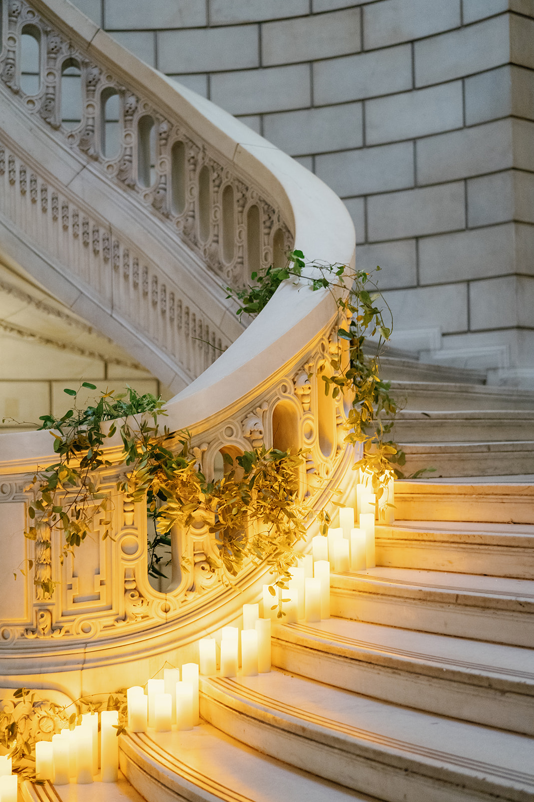 candlelit marble stairs at the Old Courthouse in Cleveland